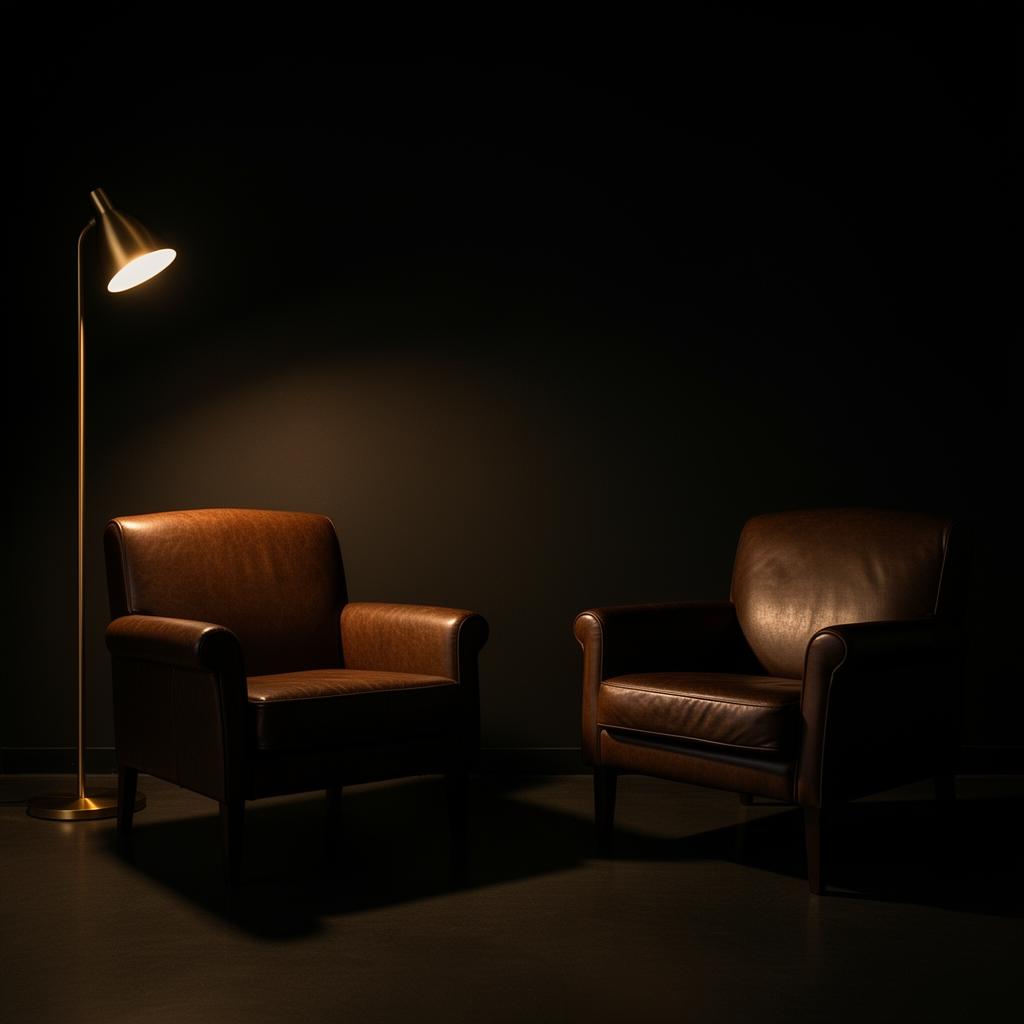 Duas poltronas de couro em sala clínica iluminada por luz dourada