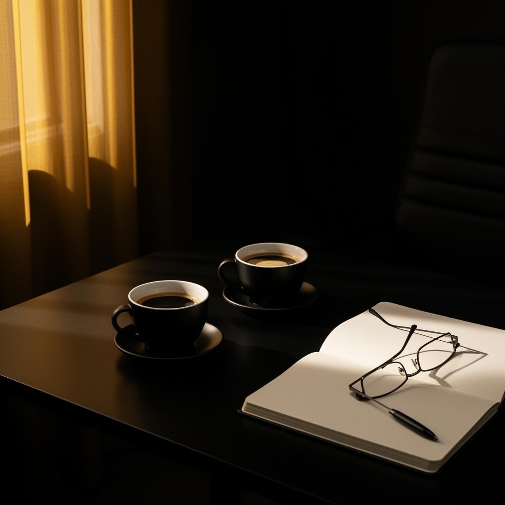 Duas xícaras de café e caderno aberto com óculos sobre mesa escura